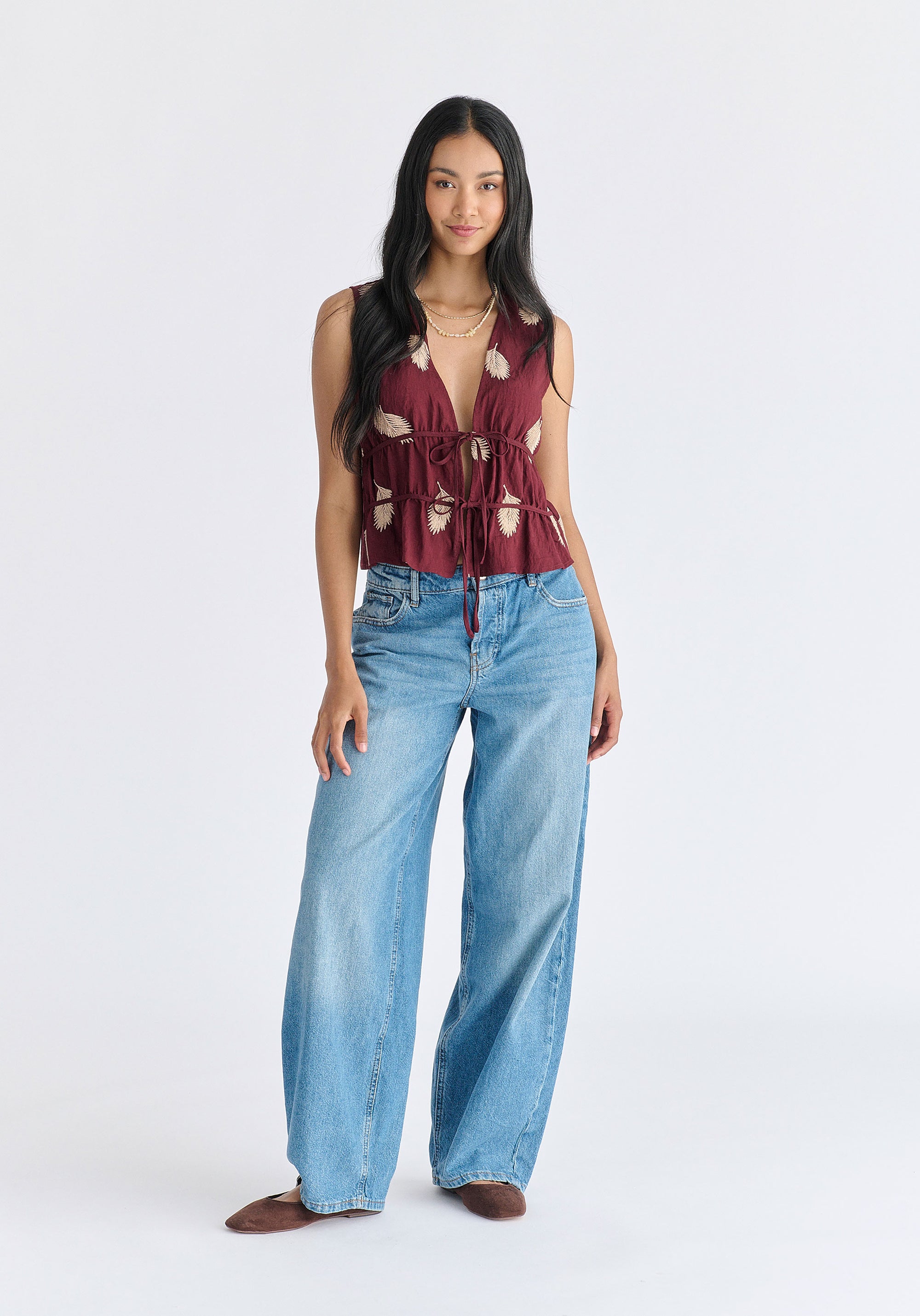 Leaf Embroidered Tie Front Waistcoat