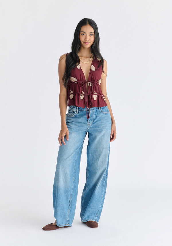 Leaf Embroidered Tie Front Waistcoat