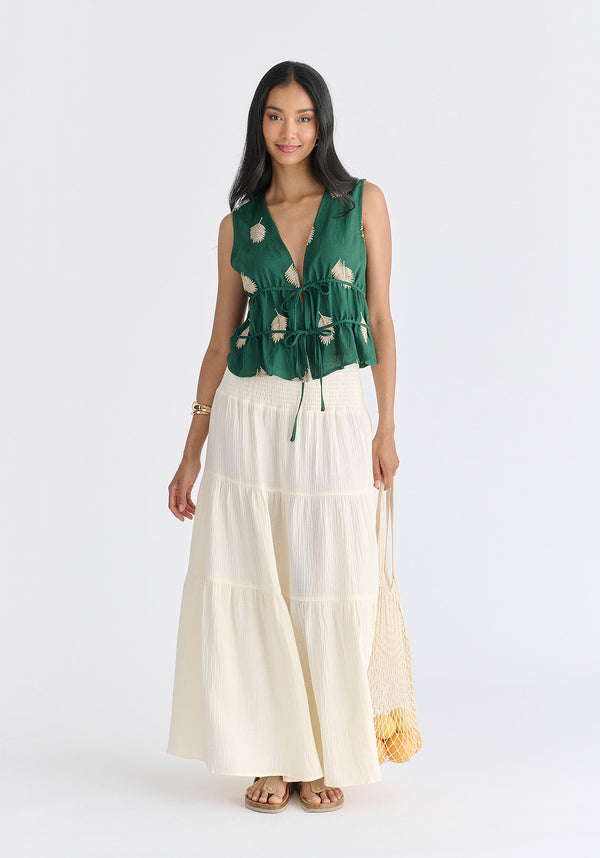 Leaf Embroidered Tie Front Waistcoat