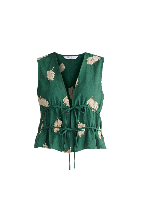 Leaf Embroidered Tie Front Waistcoat