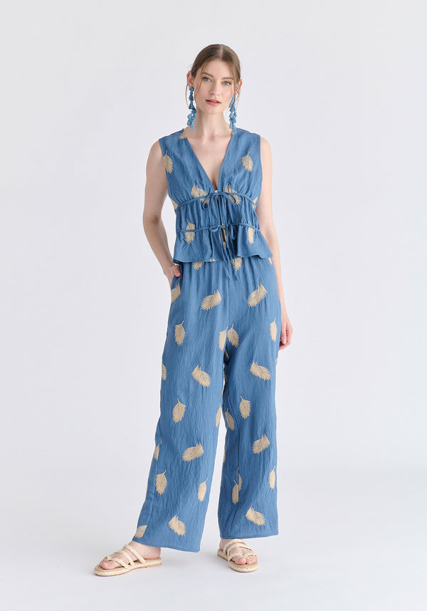 Leaf Embroidered Tie Front Waistcoat
