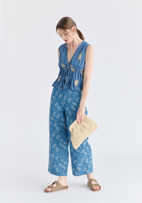 Leaf Embroidered Tie Front Waistcoat