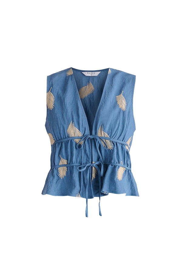Leaf Embroidered Tie Front Waistcoat