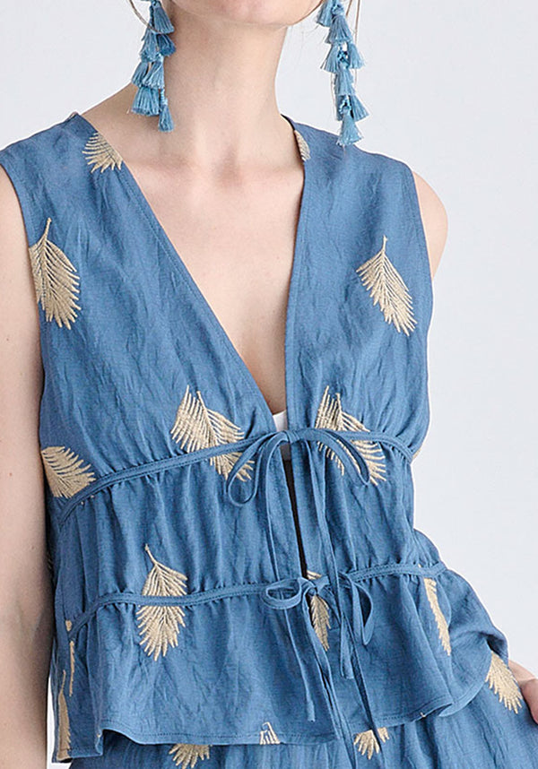 Leaf Embroidered Tie Front Waistcoat