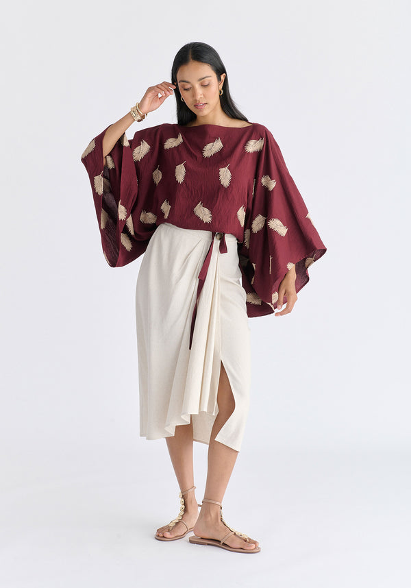 Leaf Embroidered Kimono Sleeves Top