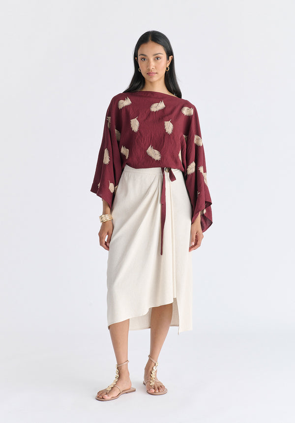 Leaf Embroidered Kimono Sleeves Top