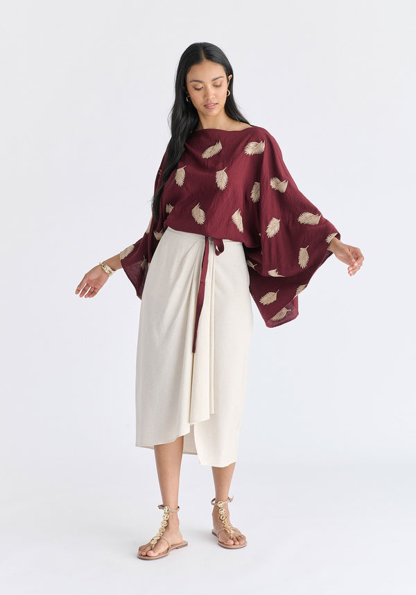 Leaf Embroidered Kimono Sleeves Top