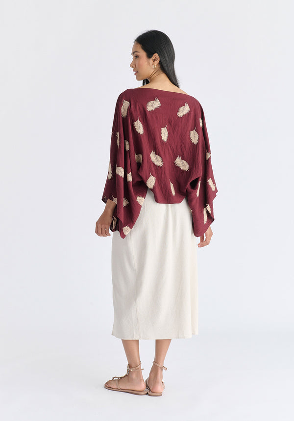 Leaf Embroidered Kimono Sleeves Top
