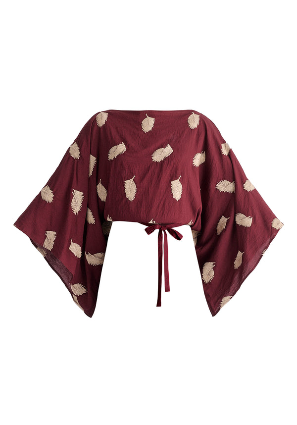 Leaf Embroidered Kimono Sleeves Top