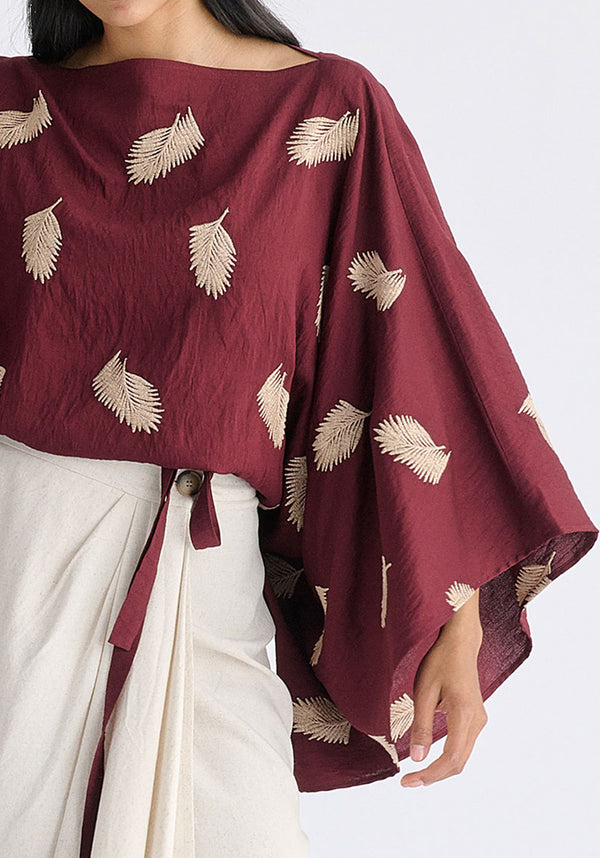 Leaf Embroidered Kimono Sleeves Top