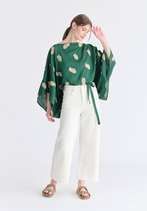 Leaf Embroidered Kimono Sleeves Top in Green Side