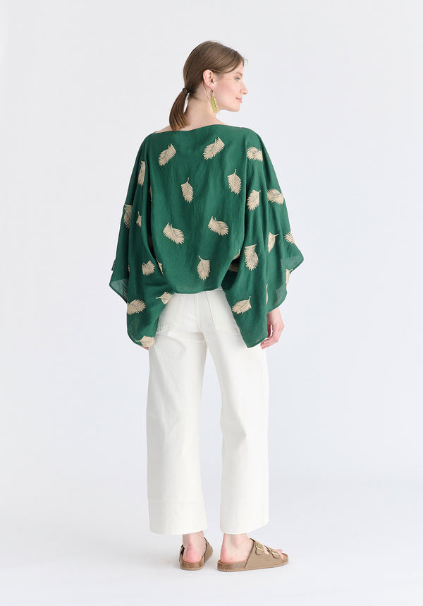 Leaf Embroidered Kimono Sleeves Top in Green Back