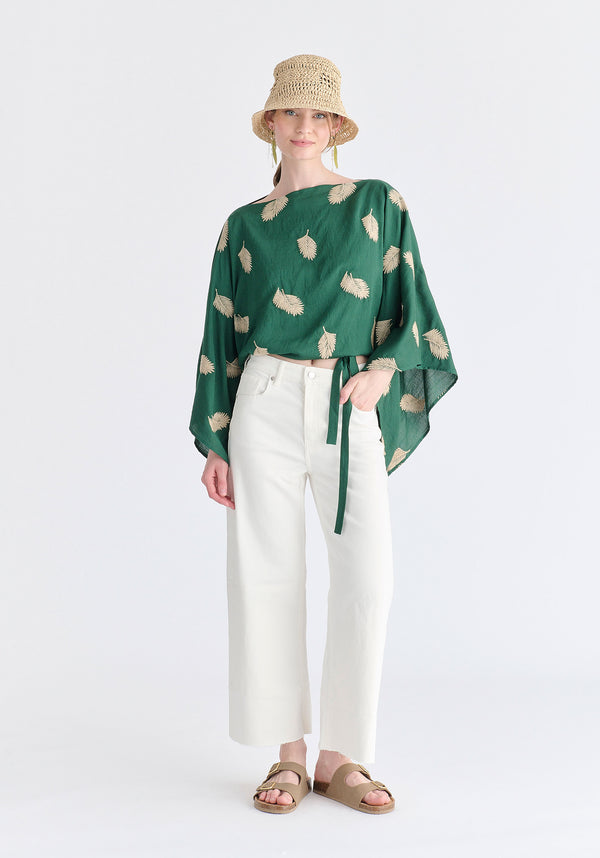 Leaf Embroidered Kimono Sleeves Top in Green Front