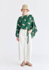 Leaf Embroidered Kimono Sleeves Top in Green Front
