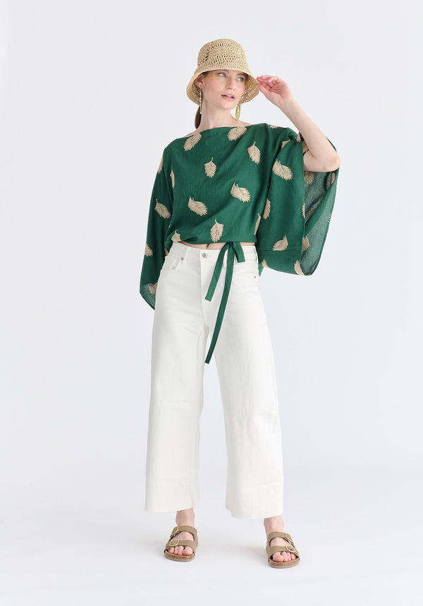 Leaf Embroidered Kimono Sleeves Top in Green Front