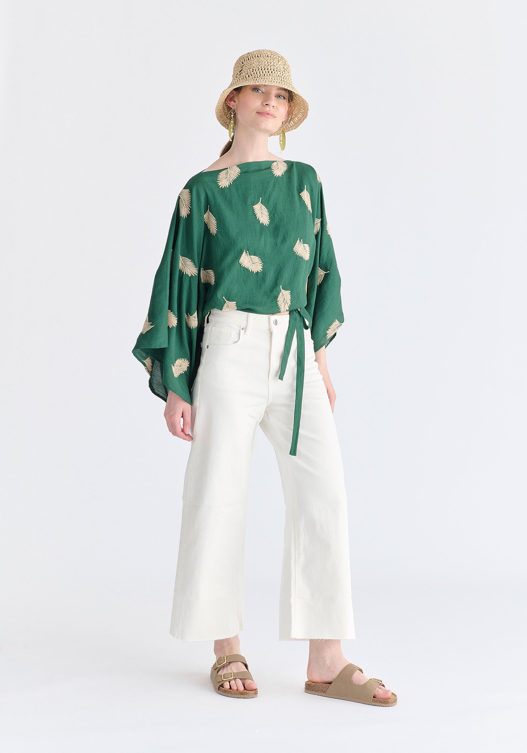 Leaf Embroidered Kimono Sleeves Top in Green Front