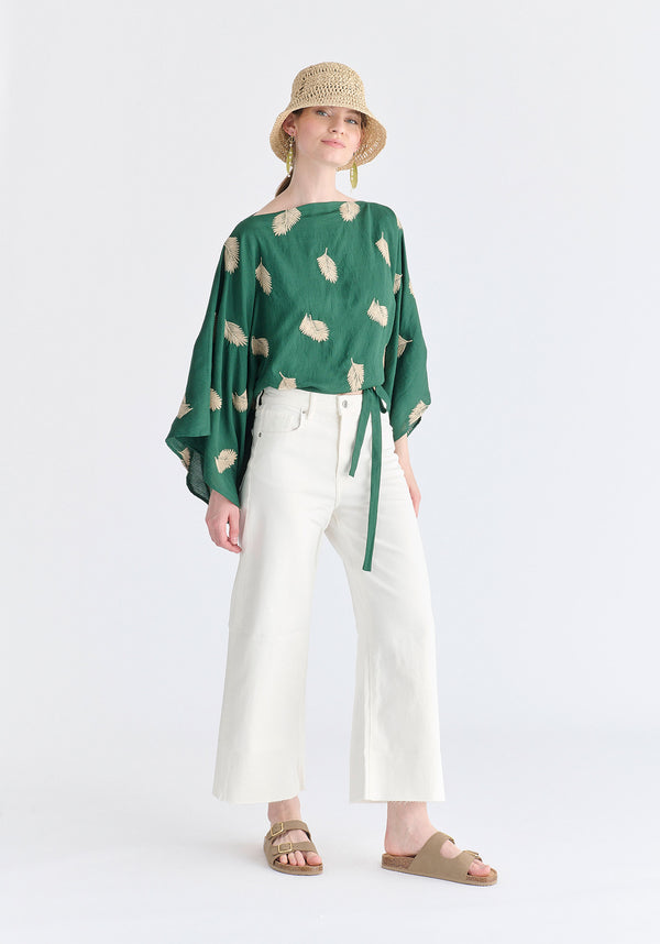Leaf Embroidered Kimono Sleeves Top in Green Front
