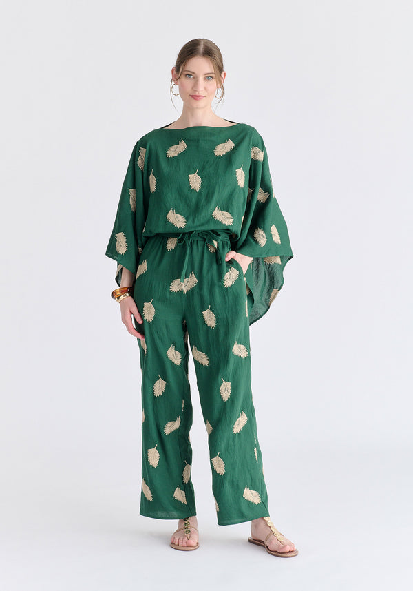 Leaf Embroidered Kimono Sleeves Top in Green Front
