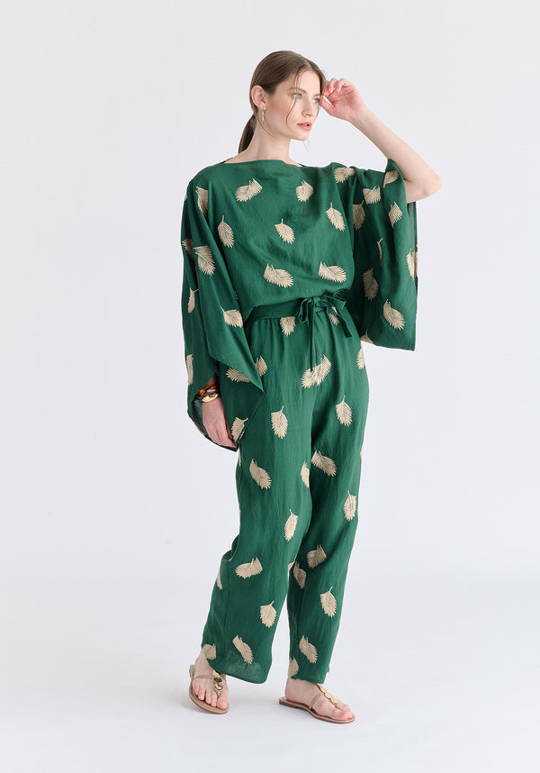 Leaf Embroidered Kimono Sleeves Top in Green Side