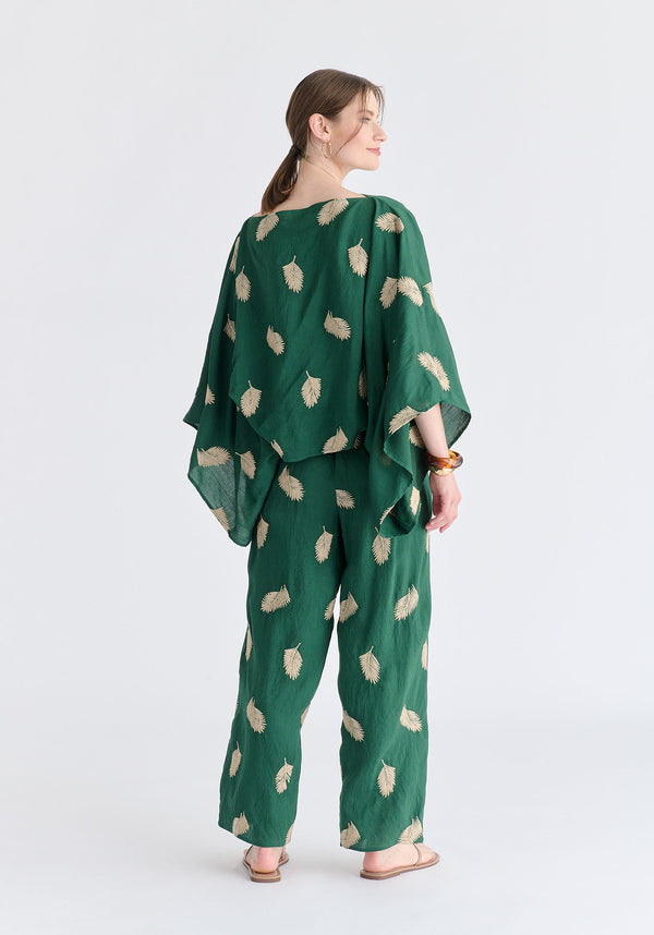 Leaf Embroidered Kimono Sleeves Top in Green Back