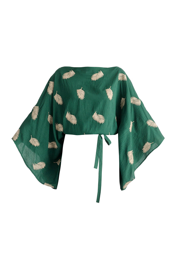 Leaf Embroidered Kimono Sleeves Top in Green Cutout