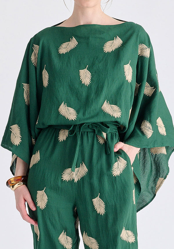 Leaf Embroidered Kimono Sleeves Top
