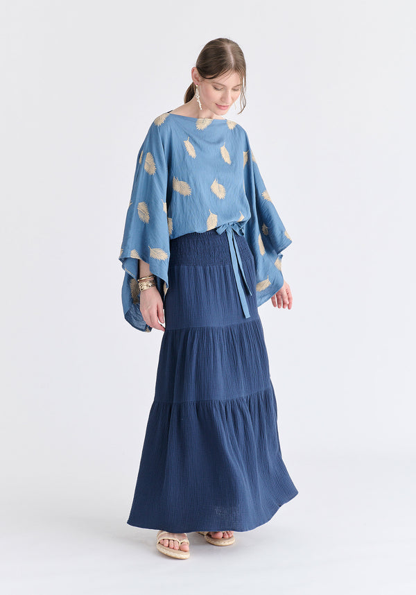 Leaf Embroidered Kimono Sleeves Top in Blue Side