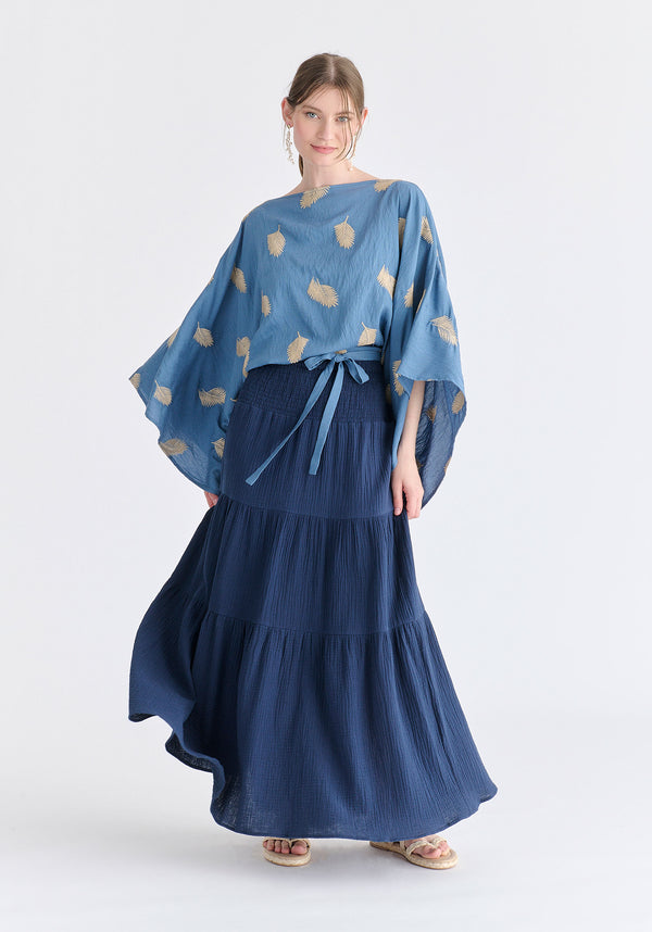 Leaf Embroidered Kimono Sleeves Top in Blue Front