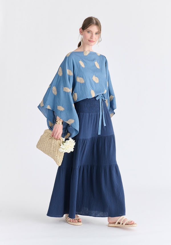 Leaf Embroidered Kimono Sleeves Top in Blue Side