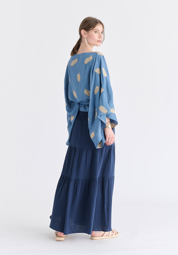 Leaf Embroidered Kimono Sleeves Top in Blue Side