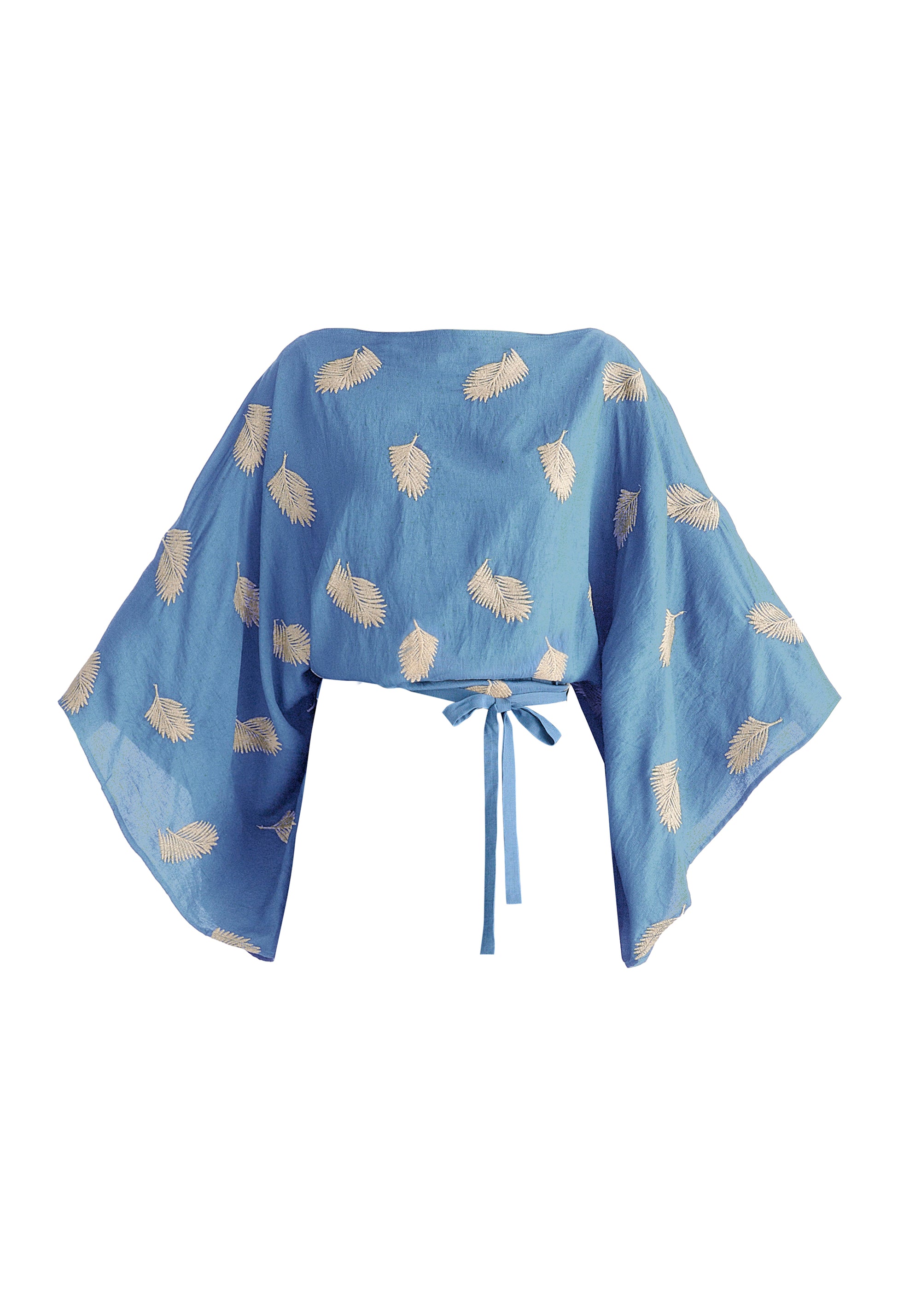 Leaf Embroidered Kimono Sleeves Top in Blue Cutout