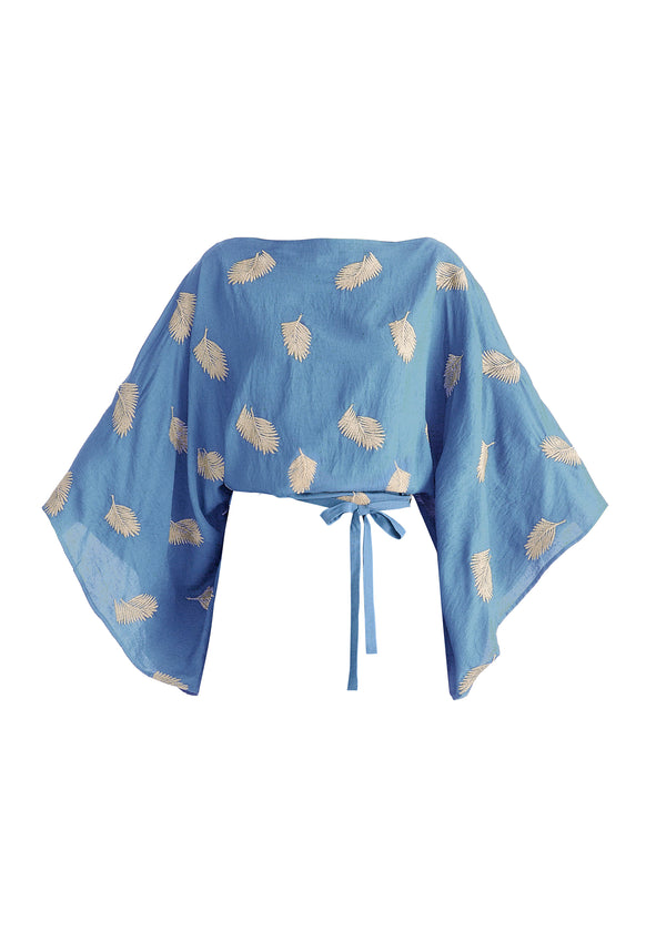 Leaf Embroidered Kimono Sleeves Top in Blue Cutout