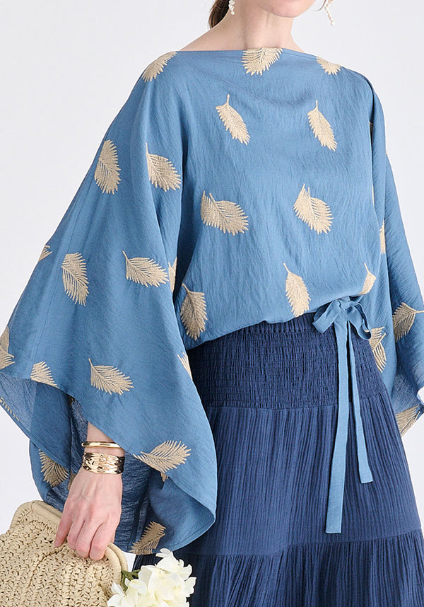 Leaf Embroidered Kimono Sleeves Top in Blue Closeup