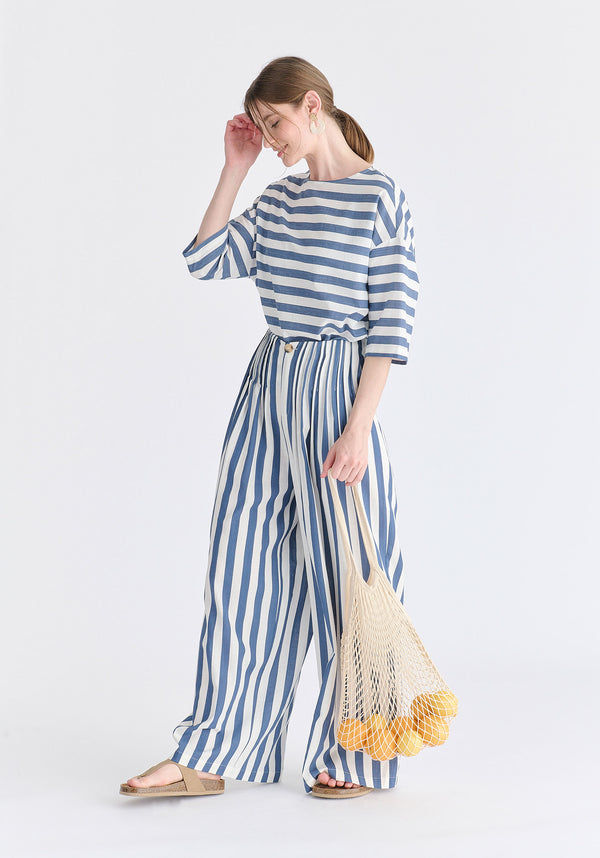 Side Splits Detail Relaxed Top in Blue and White Side