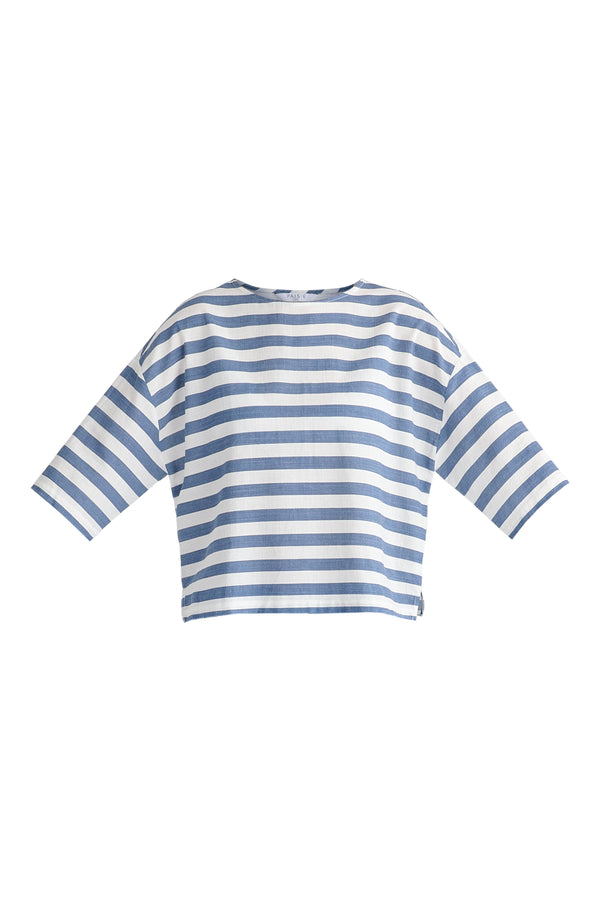 Side Splits Detail Relaxed Top in Blue and White Cutout