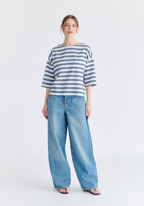 Side Splits Detail Relaxed Top in Blue and White Front