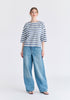 Side Splits Detail Relaxed Top in Blue and White Front
