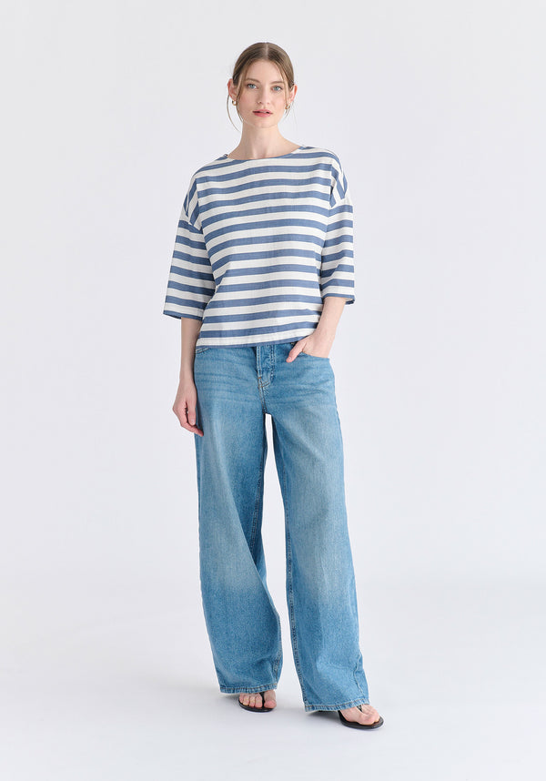 Side Splits Detail Relaxed Top in Blue and White Front