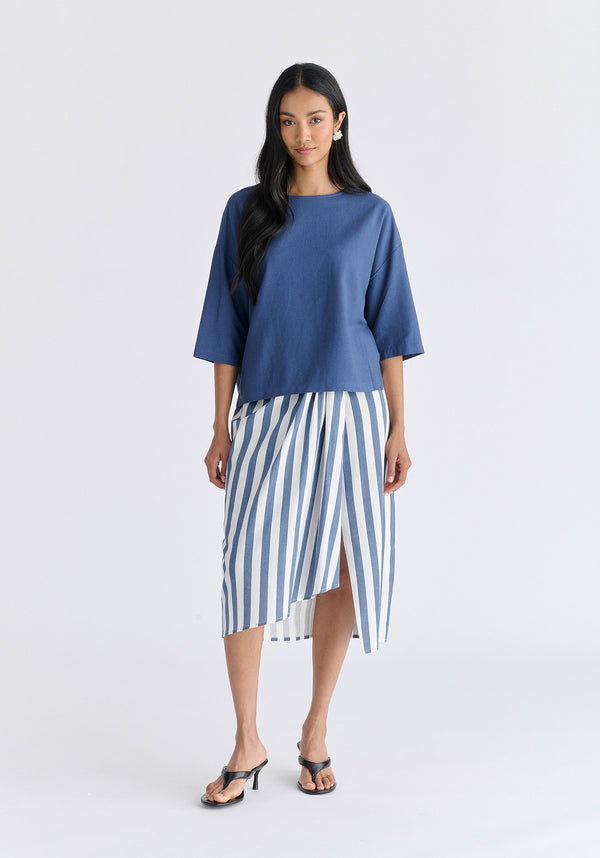 Side Splits Detail Relaxed Top in Blue Front