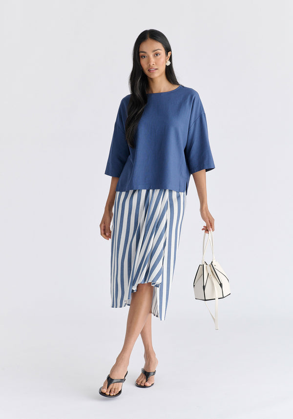 Side Splits Detail Relaxed Top in Blue Front