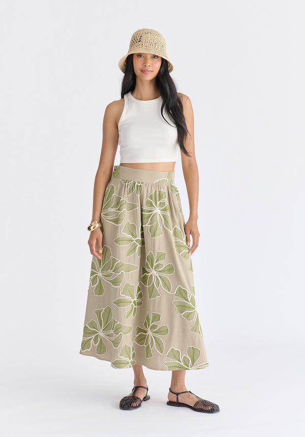 Floral Embroidered Midi Skirt in Green Front