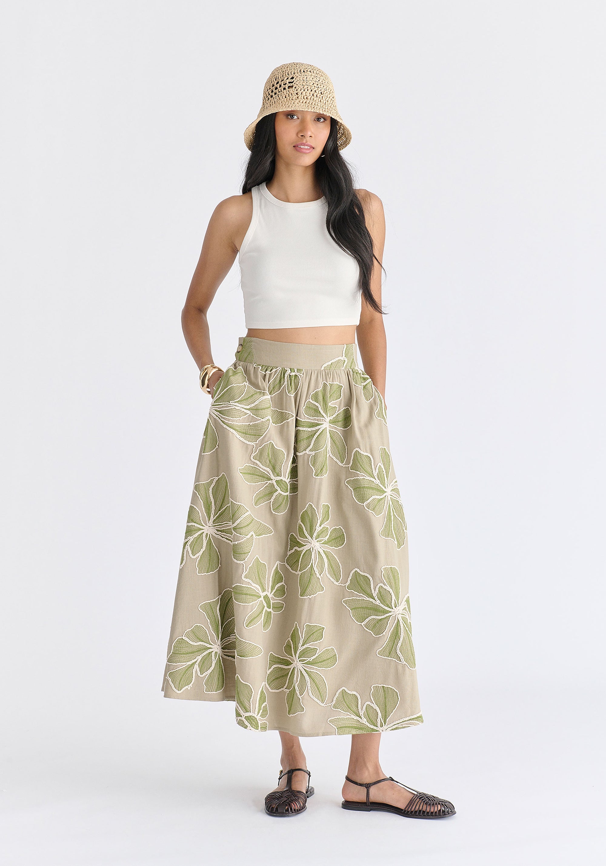Floral Embroidered Midi Skirt in Green Front