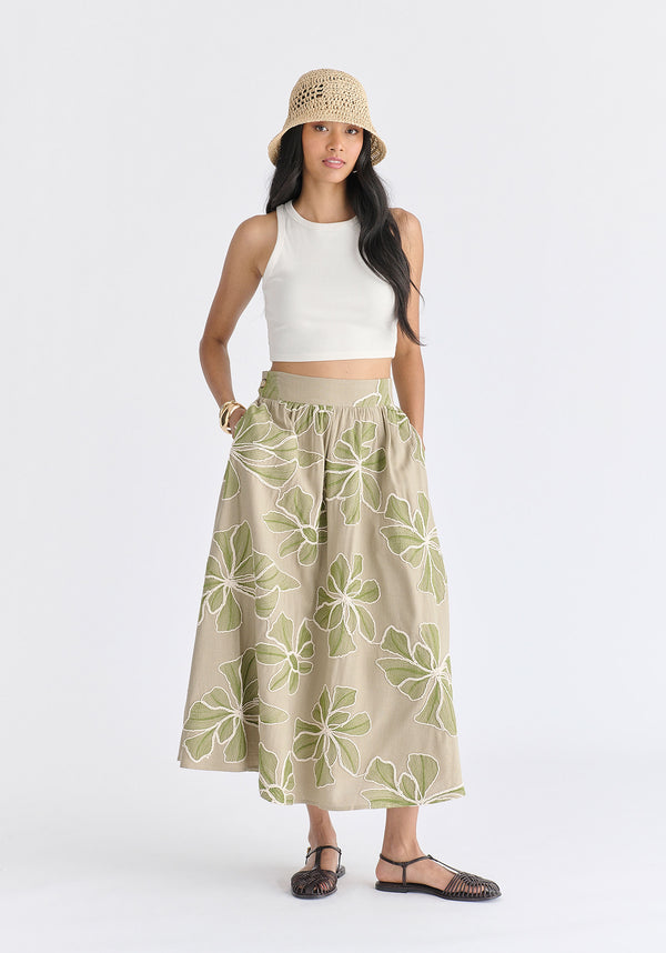 Floral Embroidered Midi Skirt in Green Front
