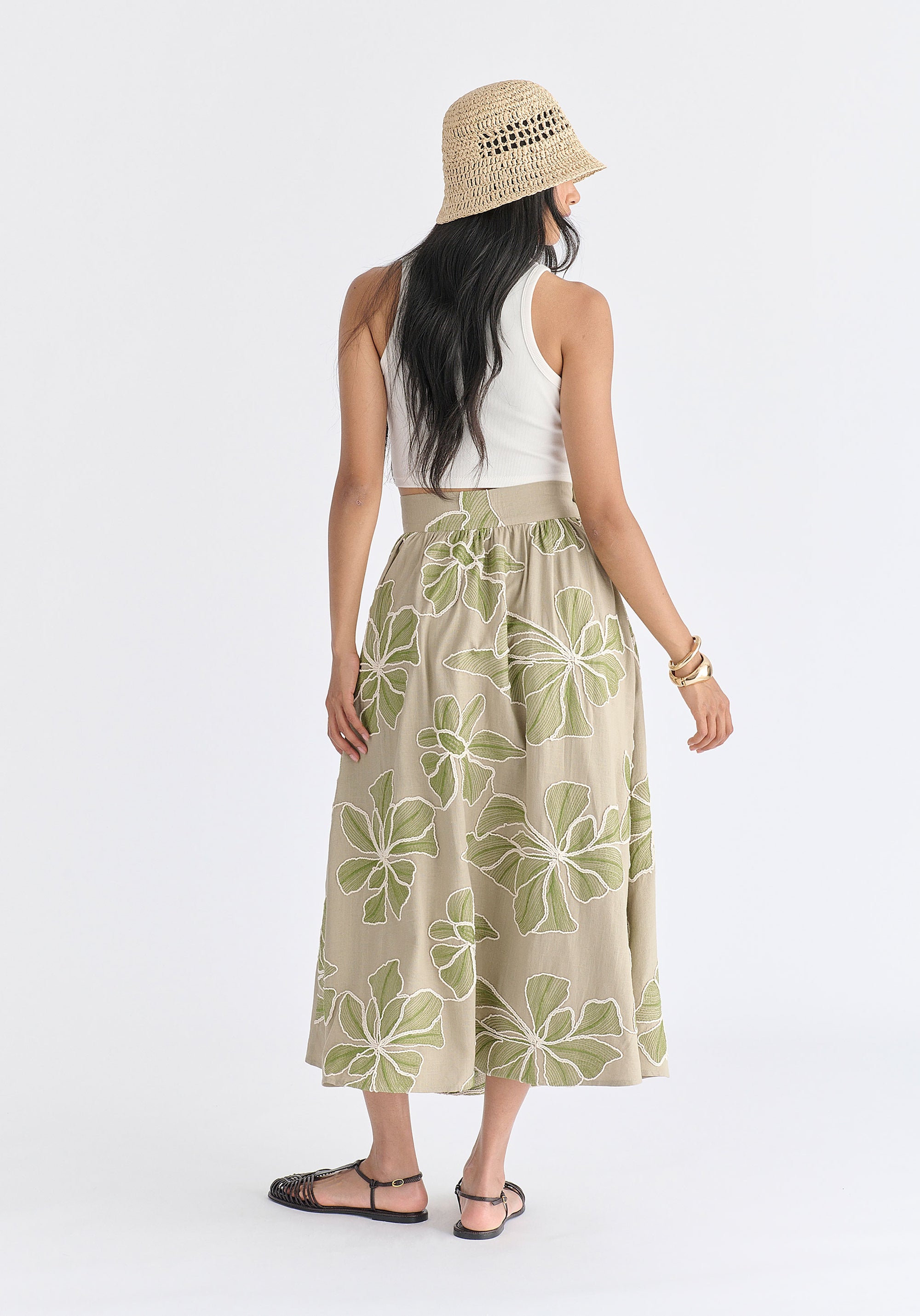 Floral Embroidered Midi Skirt in Green Back