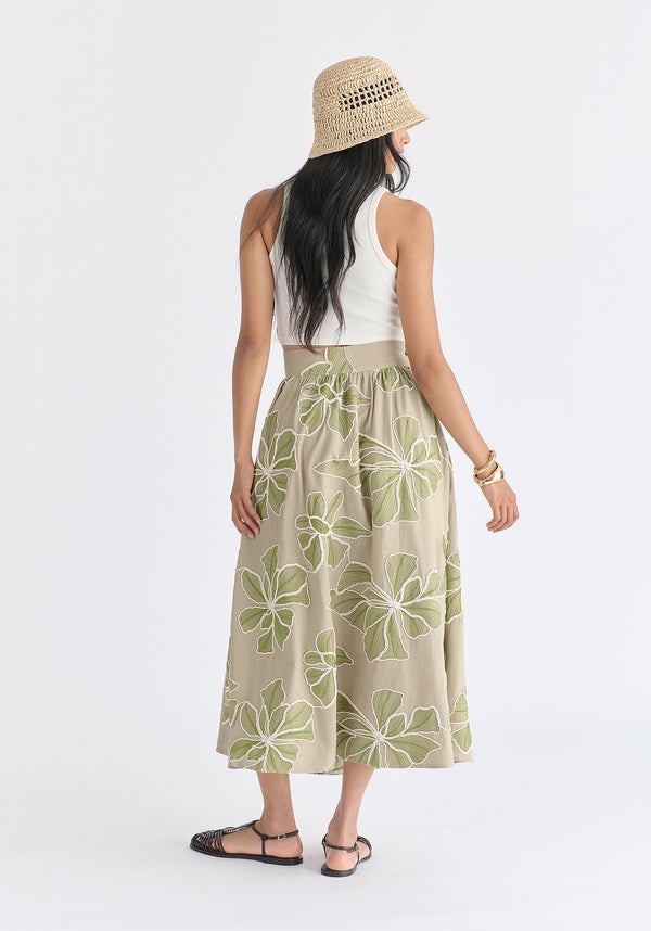 Floral Embroidered Midi Skirt in Green Back