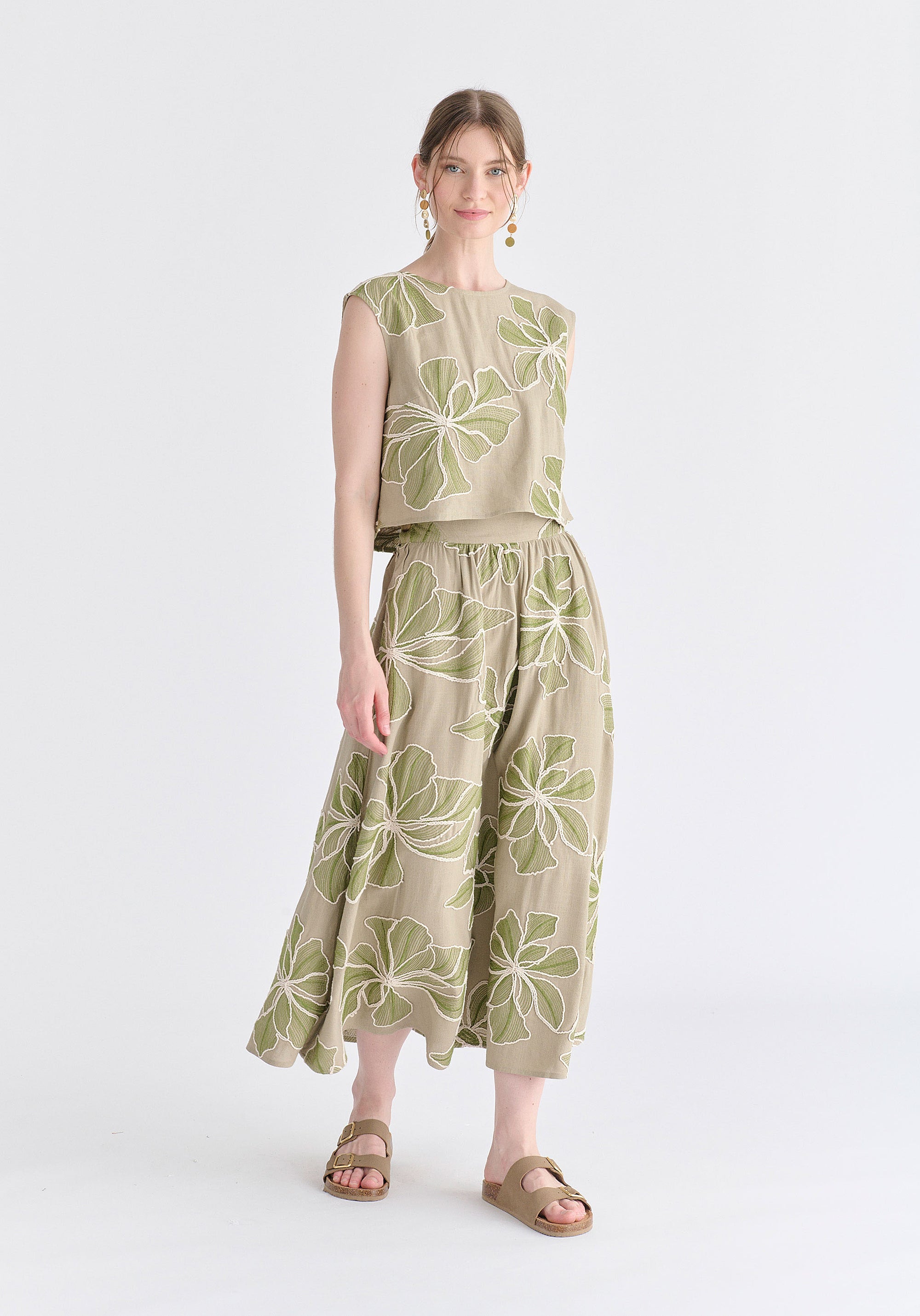 Floral Embroidered Midi Skirt in Green Front