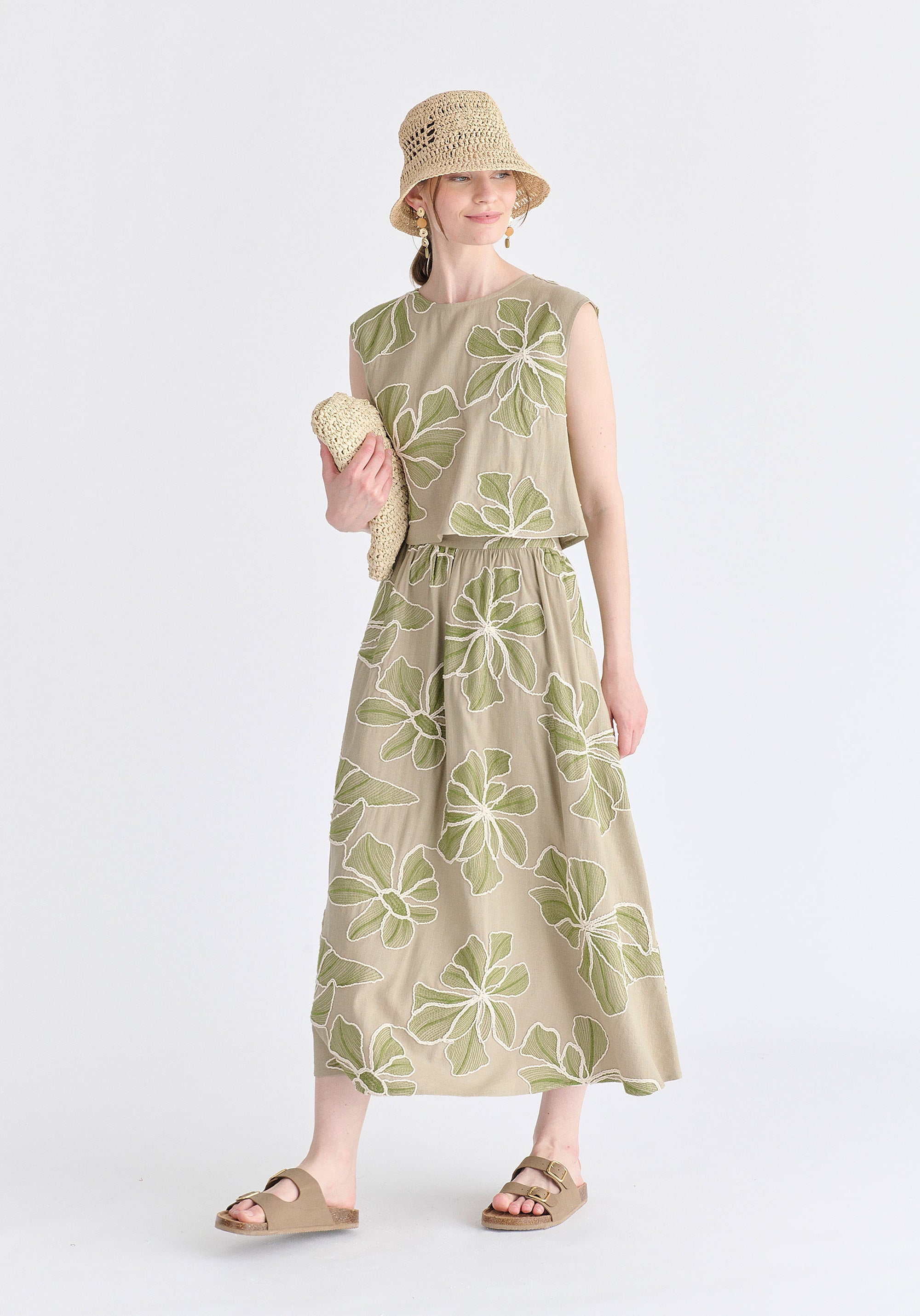 Floral Embroidered Midi Skirt in Green Side