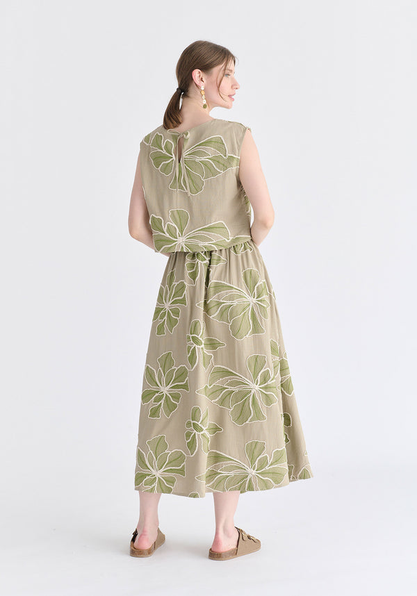 Floral Embroidered Midi Skirt in Green Back