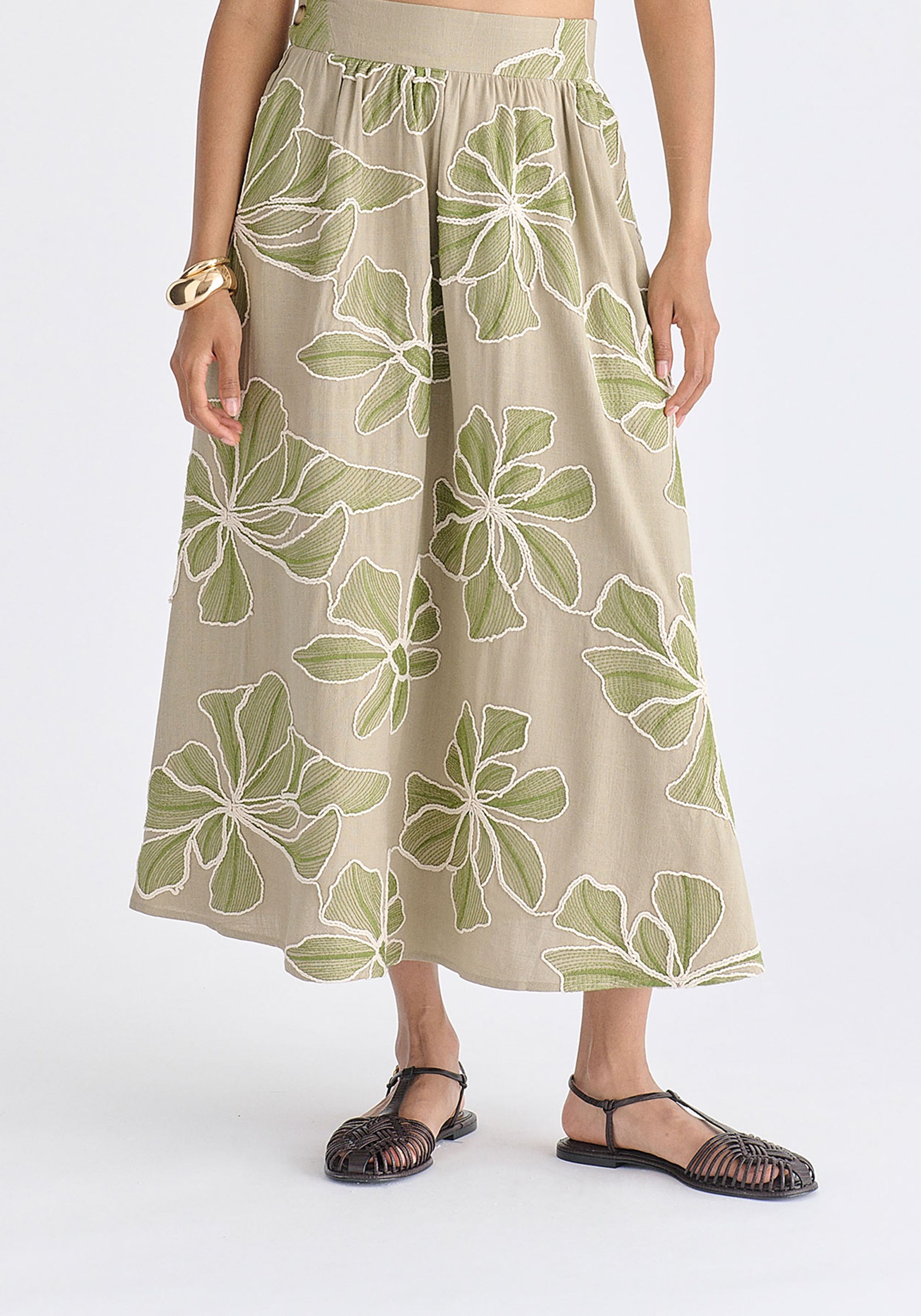 Floral Embroidered Midi Skirt in Green Closeup