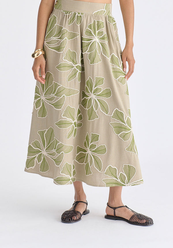 Floral Embroidered Midi Skirt in Green Closeup